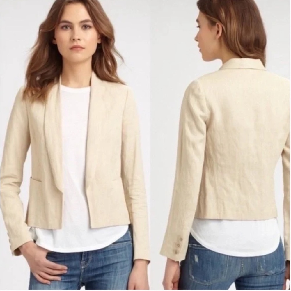 VINCE open front rustic linen blend blazer size 10 tan oatmeal